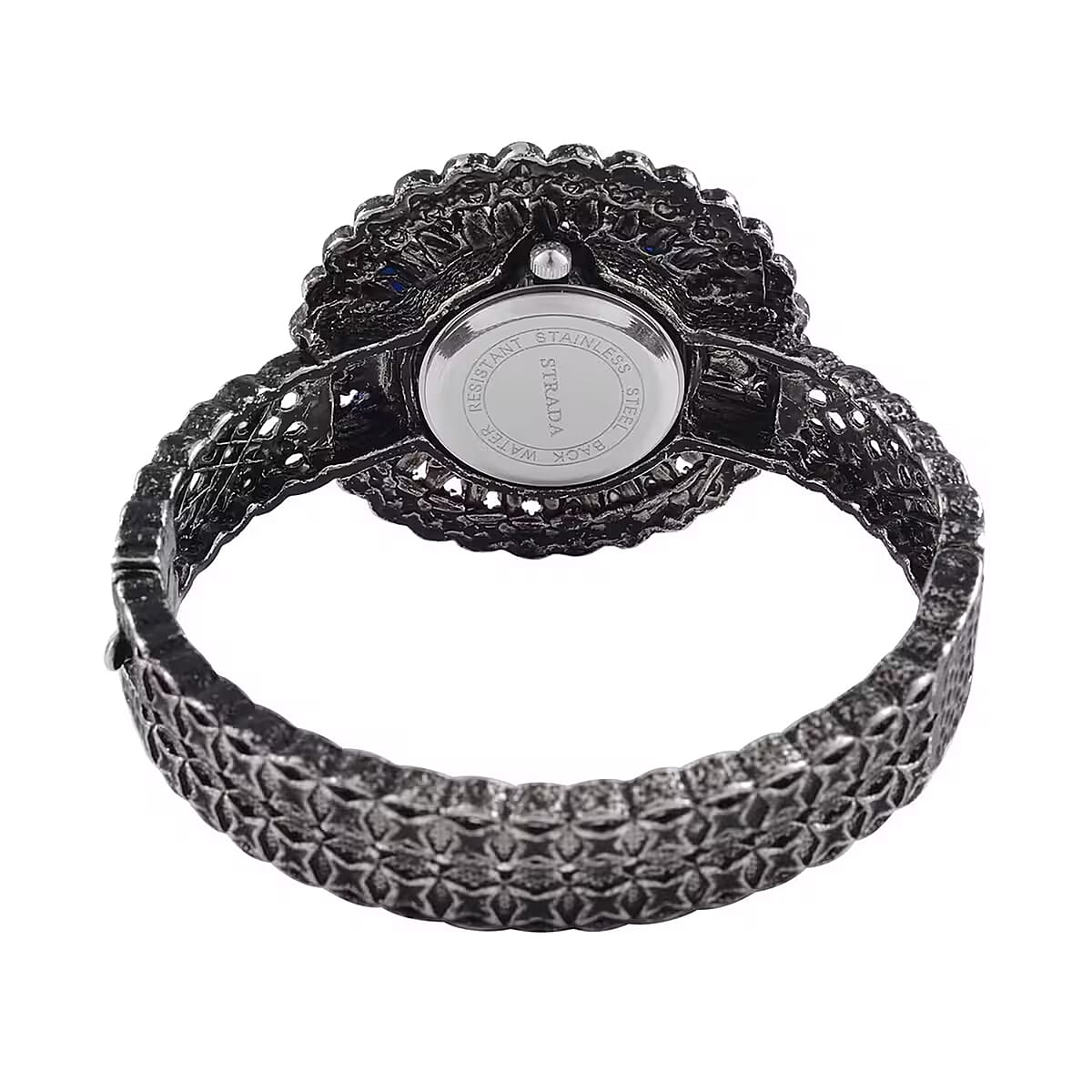 Strada Grey Austrian Crystal, Simulated Blue Chroma Japanese Movement Southwest Style Bangle Watch in Silvertone (7.00 In) image number 9