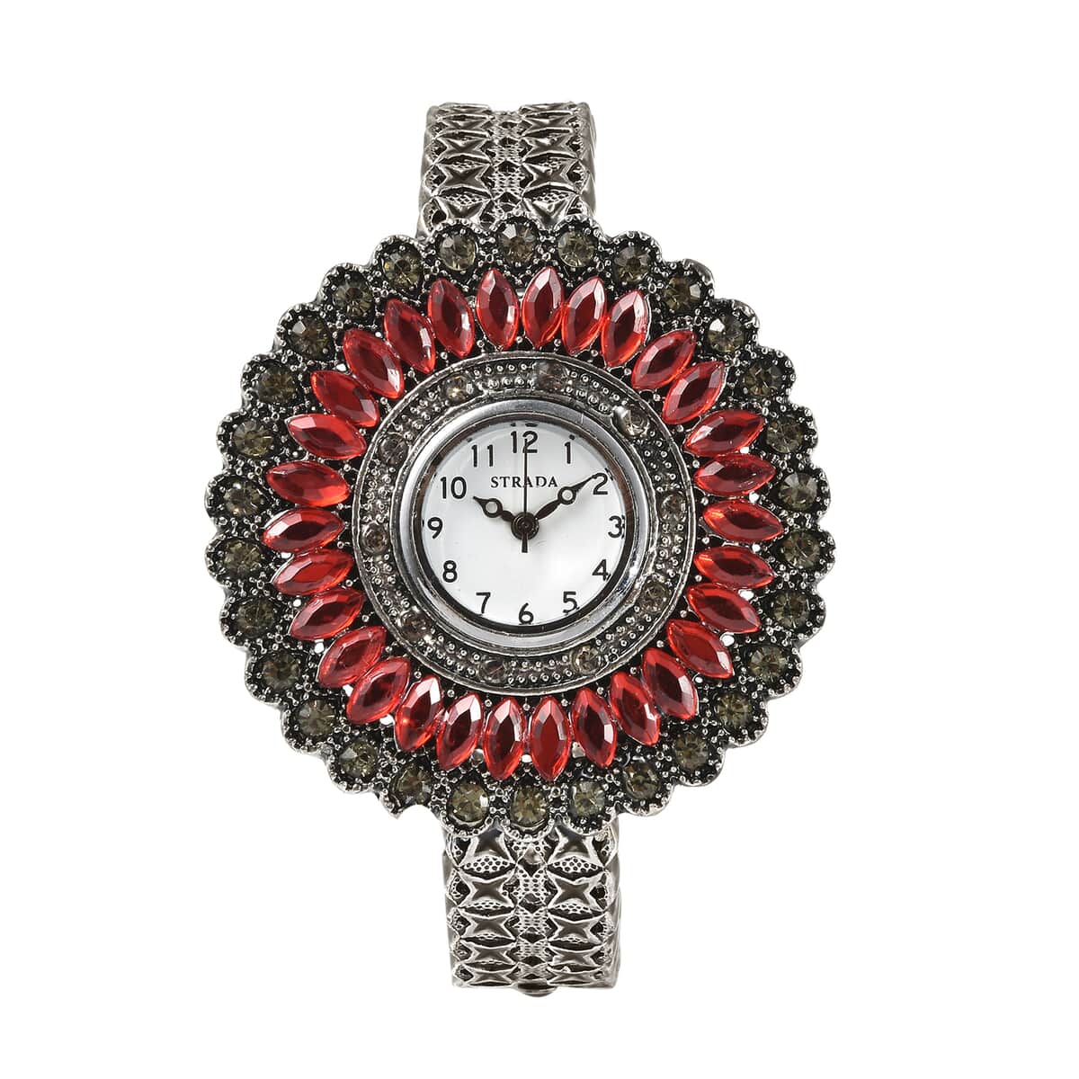 STRADA Grey Austrian Crystal, Simulated Red Chroma Japanese Movement Southwest Style Bangle Watch in Silvertone (7.00 In) image number 0