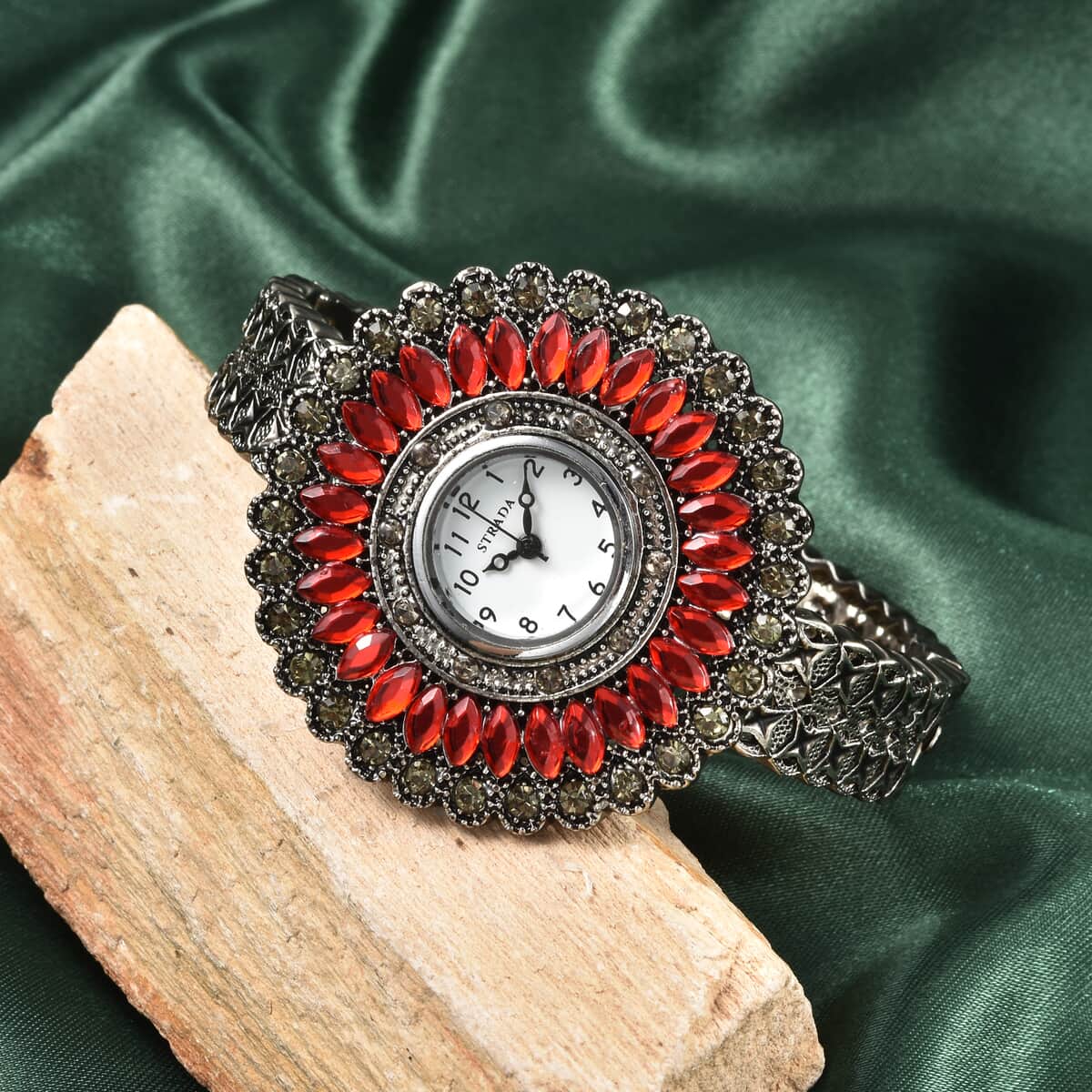 STRADA Grey Austrian Crystal, Simulated Red Chroma Japanese Movement Southwest Style Bangle Watch in Silvertone (7.00 In) image number 1