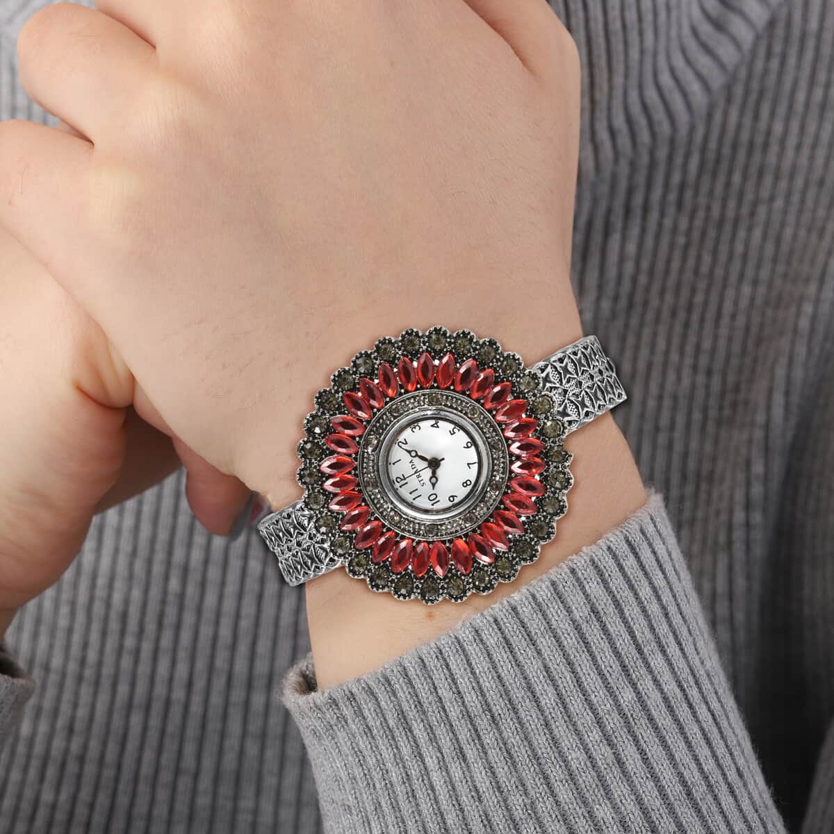 STRADA Grey Austrian Crystal, Simulated Red Chroma Japanese Movement Southwest Style Bangle Watch in Silvertone (7.00 In) image number 2