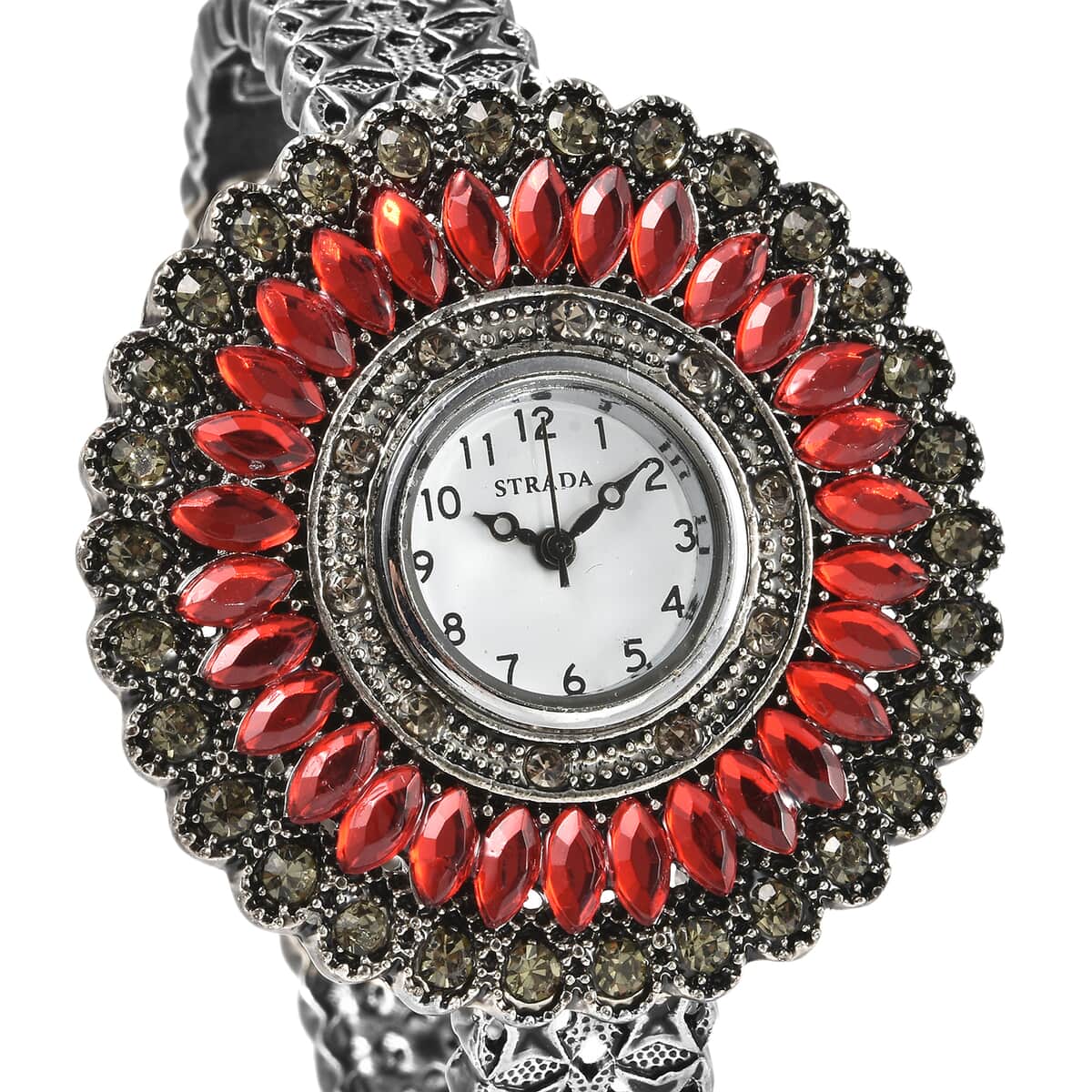 STRADA Grey Austrian Crystal, Simulated Red Chroma Japanese Movement Southwest Style Bangle Watch in Silvertone (7.00 In) image number 3
