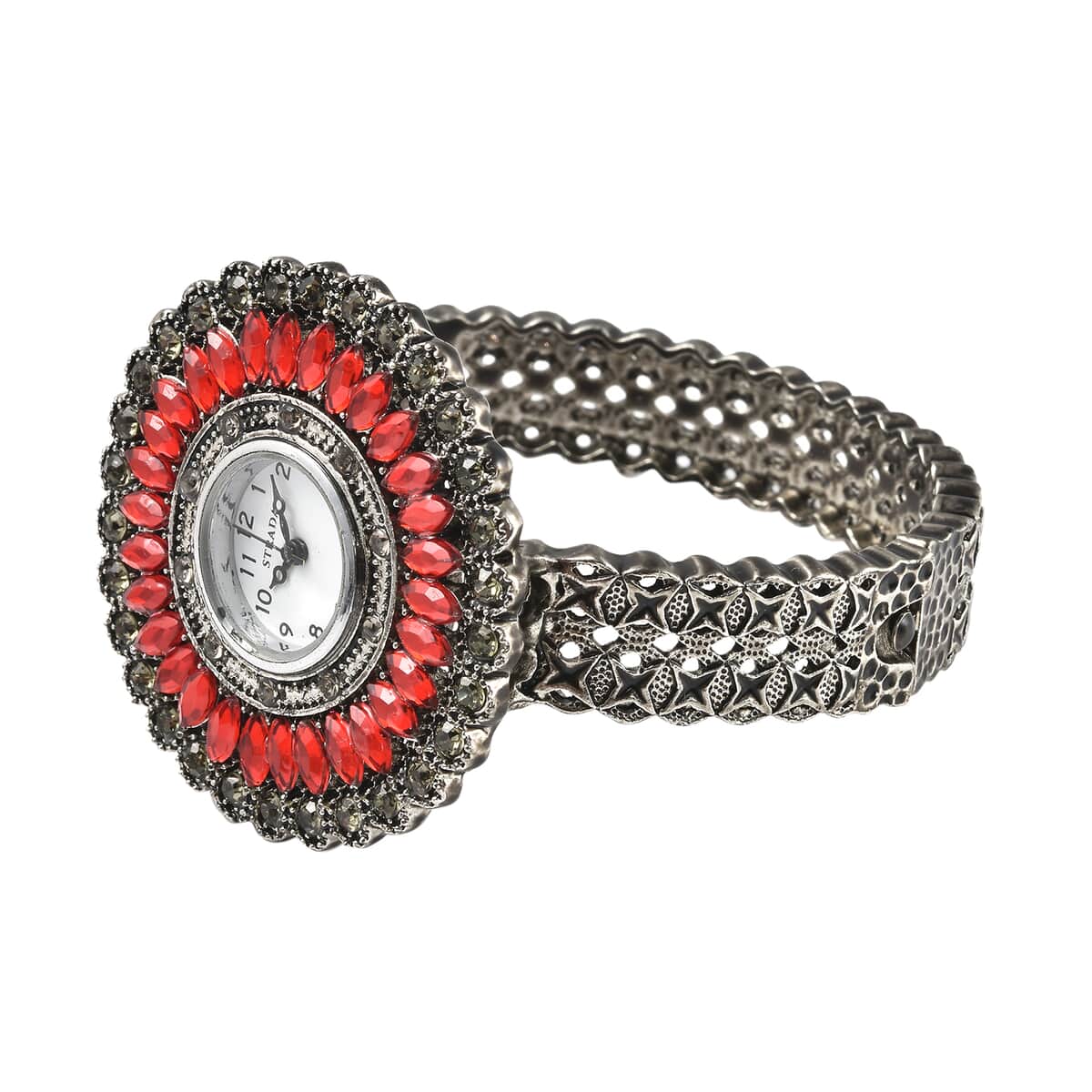 STRADA Grey Austrian Crystal, Simulated Red Chroma Japanese Movement Southwest Style Bangle Watch in Silvertone (7.00 In) image number 4