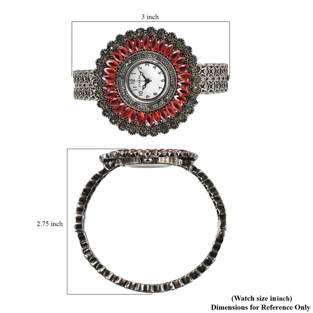 STRADA Grey Austrian Crystal, Simulated Red Chroma Japanese Movement Southwest Style Bangle Watch in Silvertone (7.00 In) image number 6