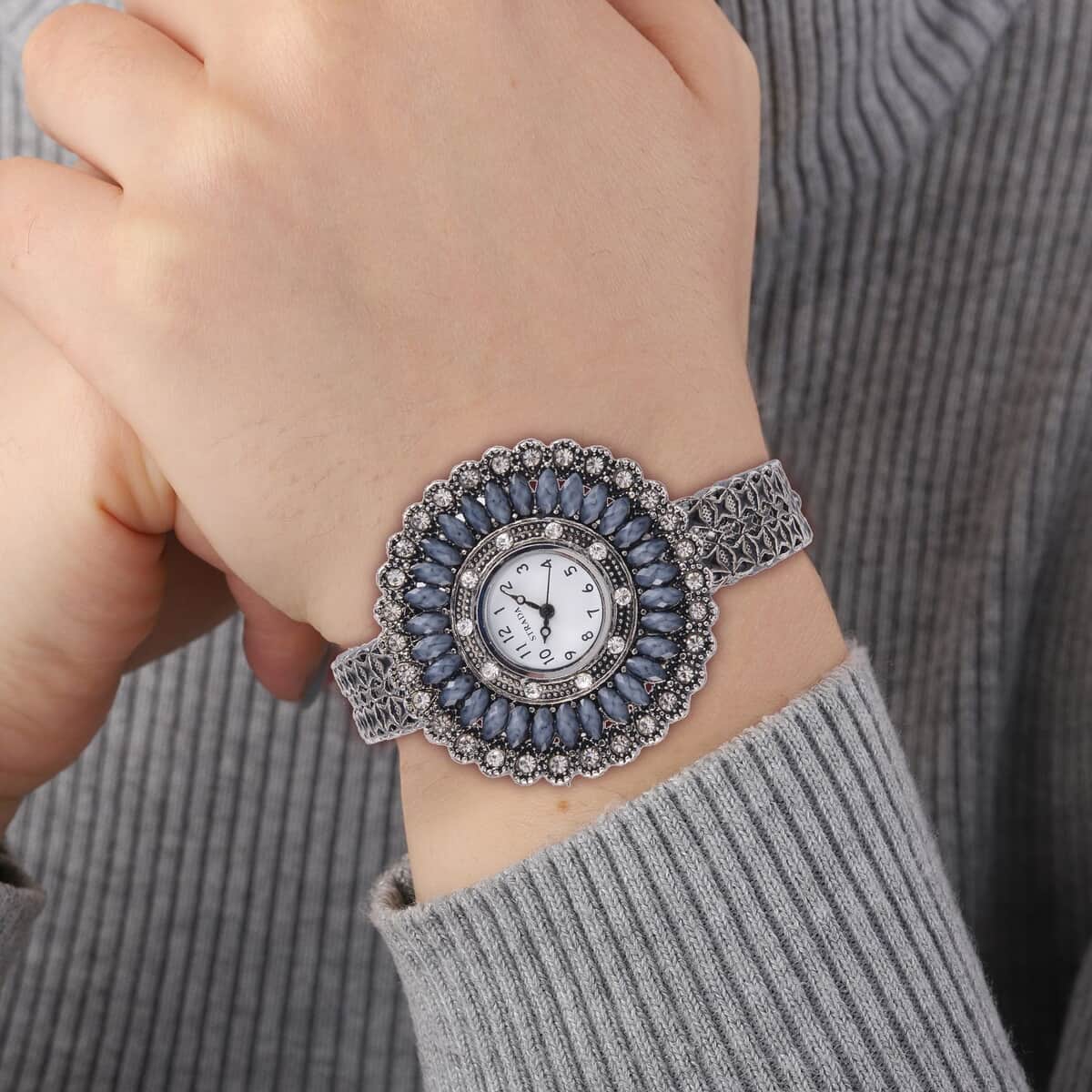 Strada Grey Austrian Crystal, Simulated White Chroma Japanese Movement Southwest Style Bangle Watch in Silvertone (7.00 In) image number 2