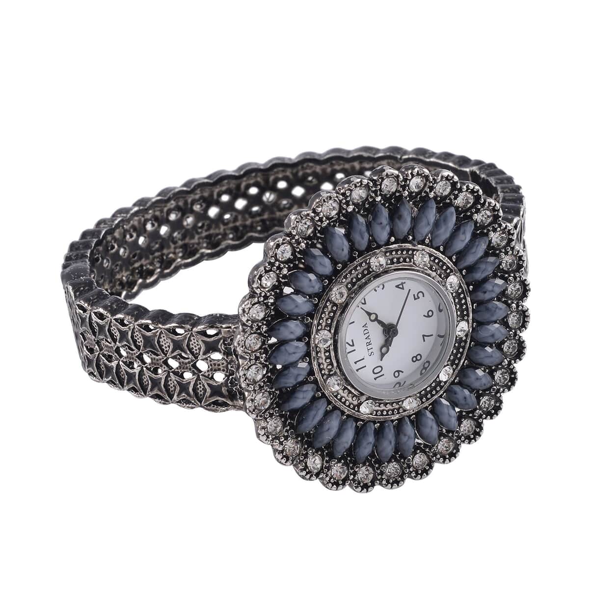 Strada Grey Austrian Crystal, Simulated White Chroma Japanese Movement Southwest Style Bangle Watch in Silvertone (7.00 In) image number 5