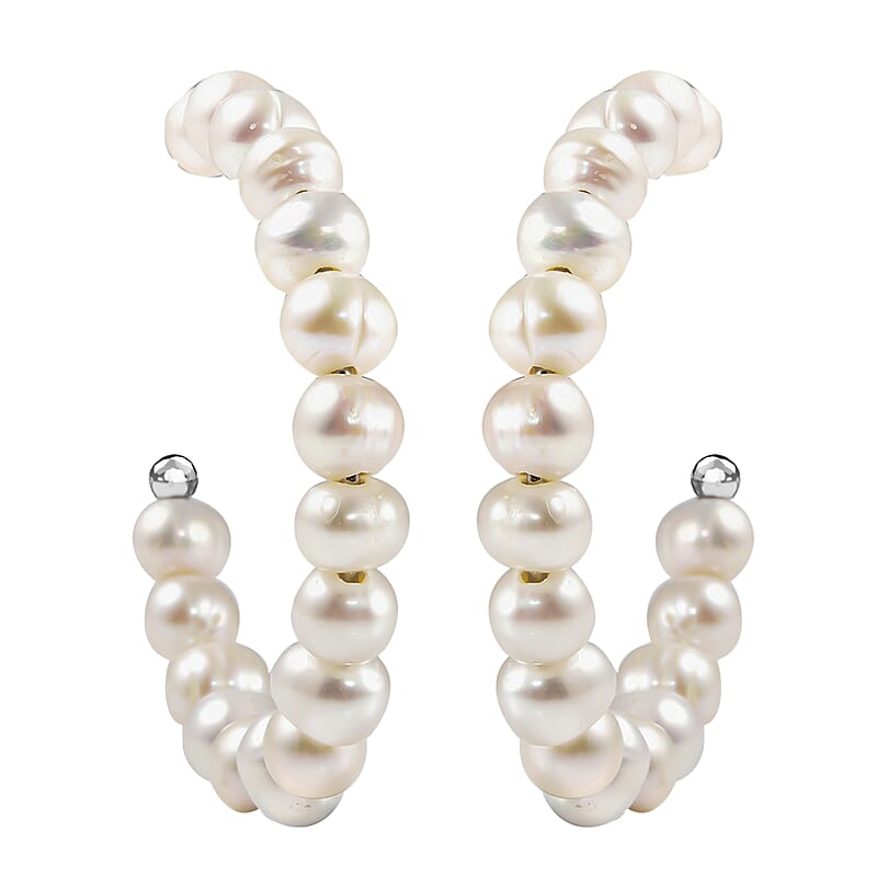 White Freshwater Pearl Half Hoop Earrings in Stainless Steel