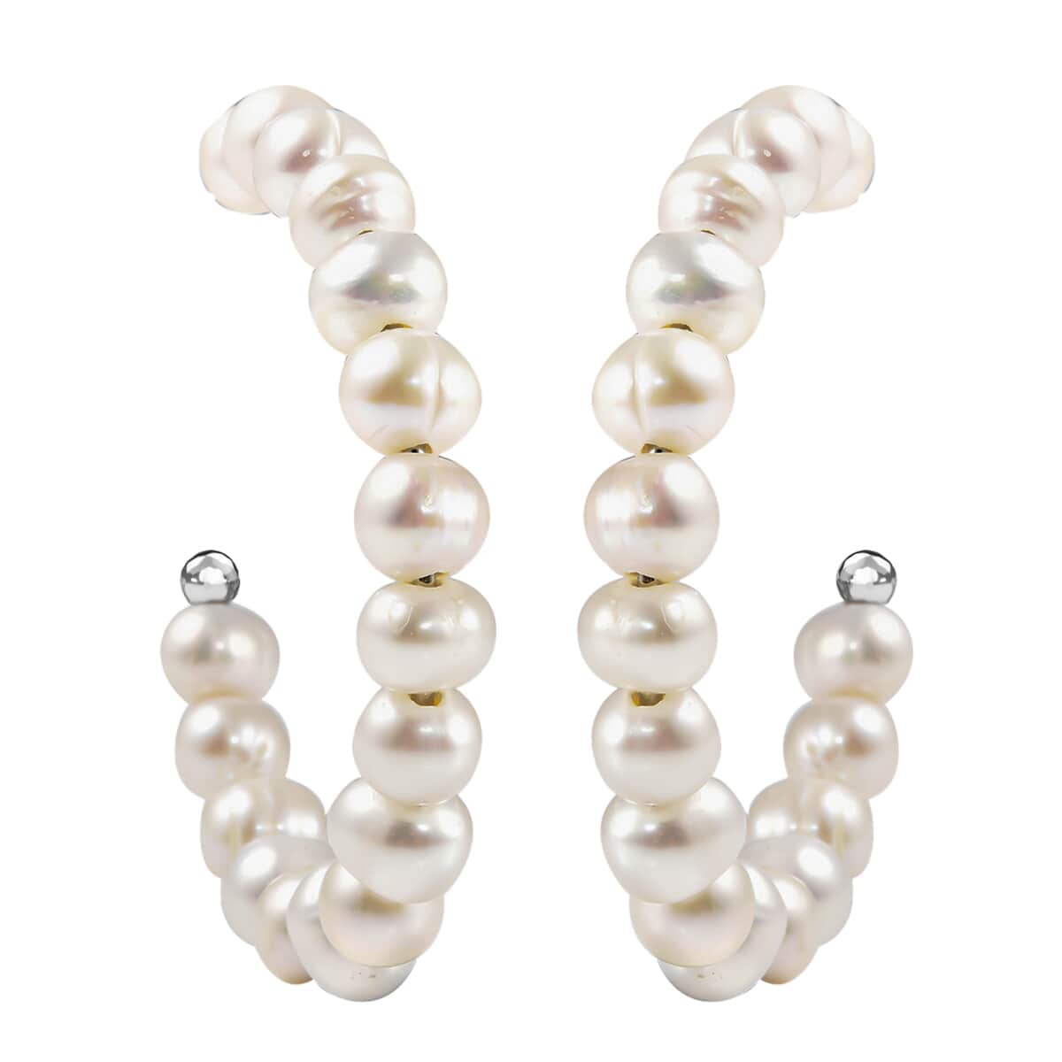 White Freshwater Pearl Half Hoop Earrings in Stainless Steel image number 0