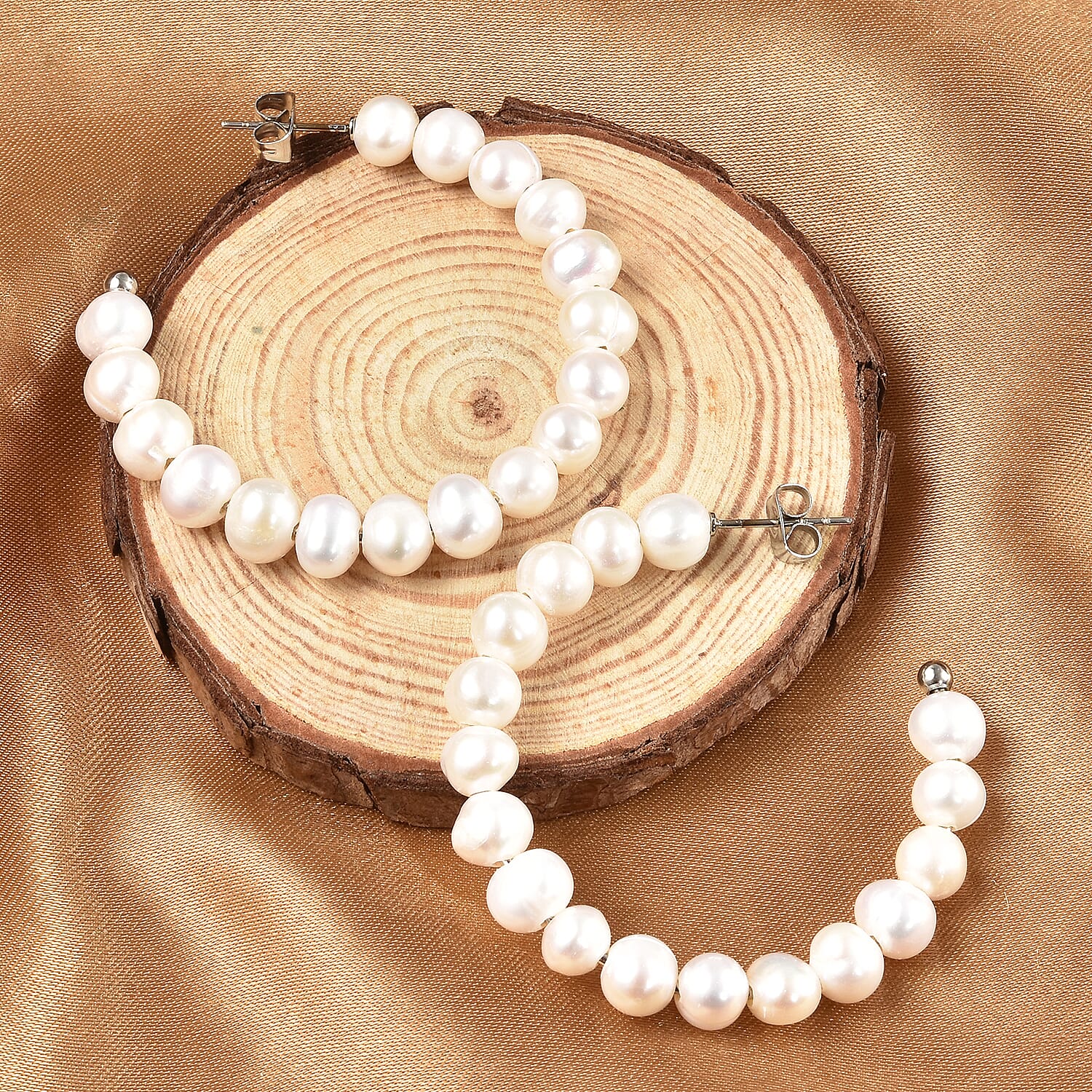 White Freshwater Pearl Half Hoop Earrings in Stainless Steel