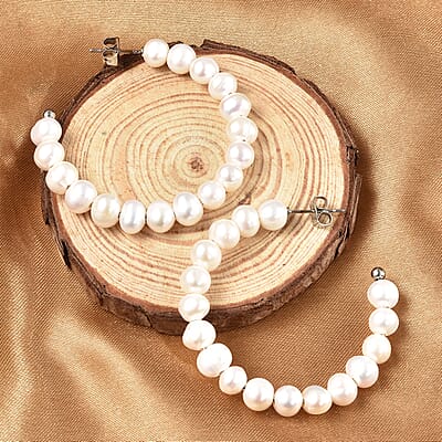 White Freshwater Pearl Half Hoop Earrings in Stainless Steel