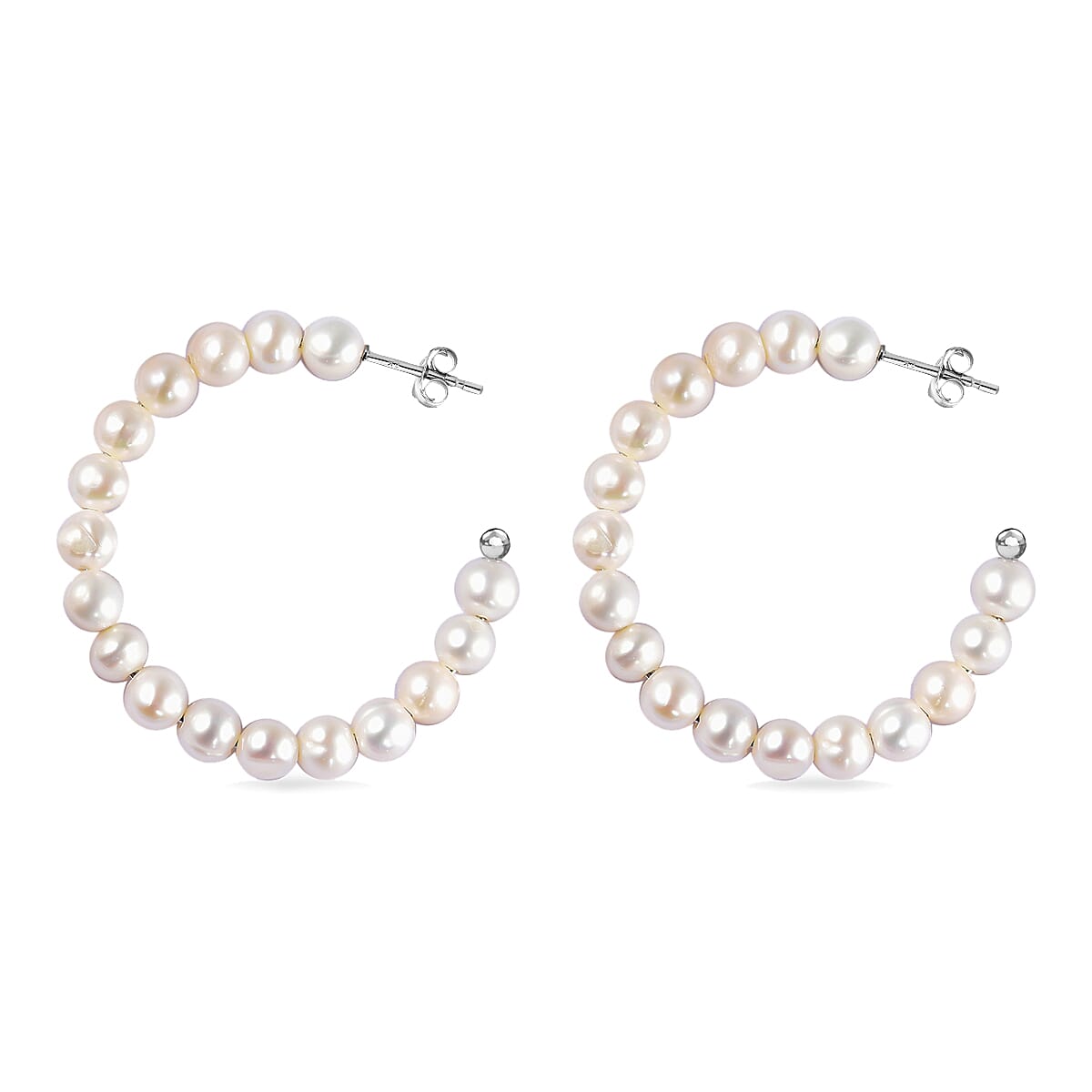 White Freshwater Pearl Half Hoop Earrings in Stainless Steel