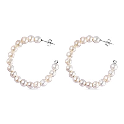 White Freshwater Pearl Half Hoop Earrings in Stainless Steel