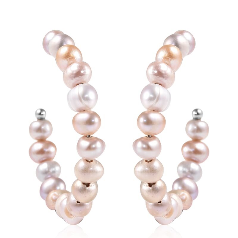 Purple Freshwater Pearl Half Hoop Earrings in Stainless Steel