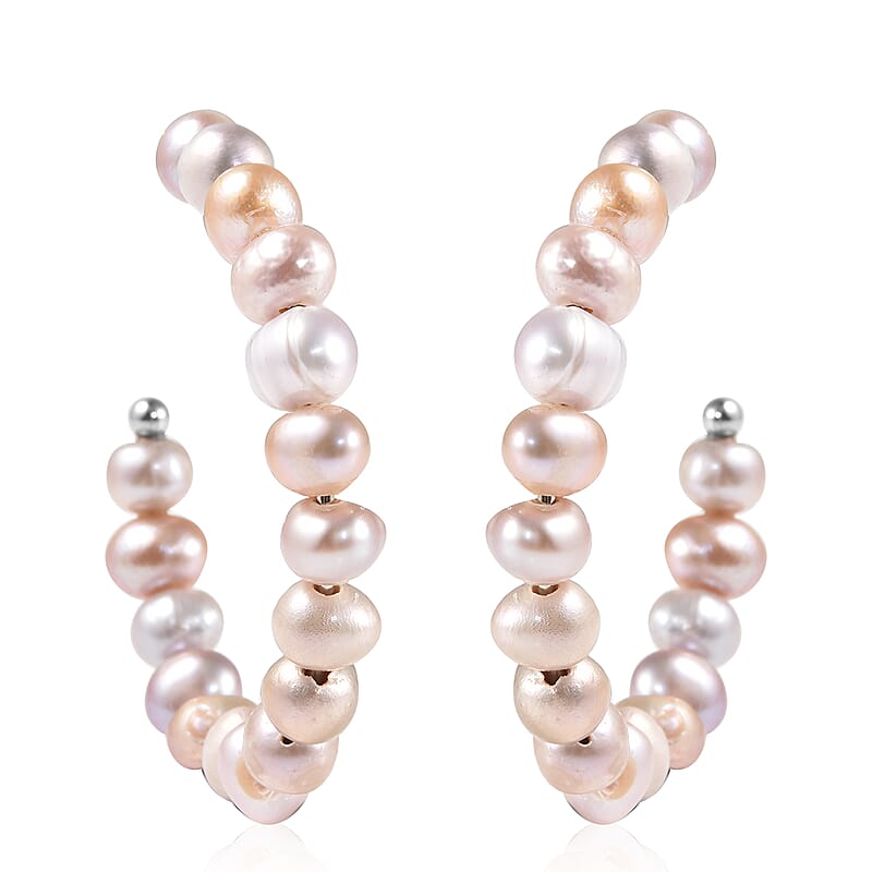 Purple Freshwater Pearl Half Hoop Earrings in Stainless Steel