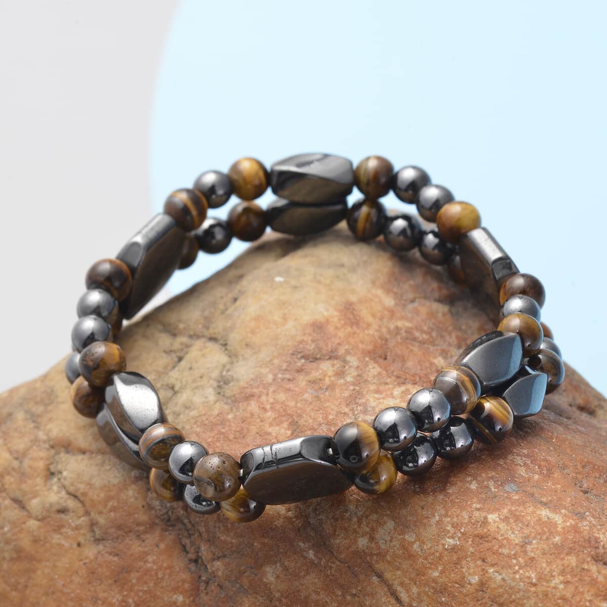 Magnetic By Design Hematite and Yellow Tiger's Eye Beaded Dual Row Stretchable Bracelet image number 1