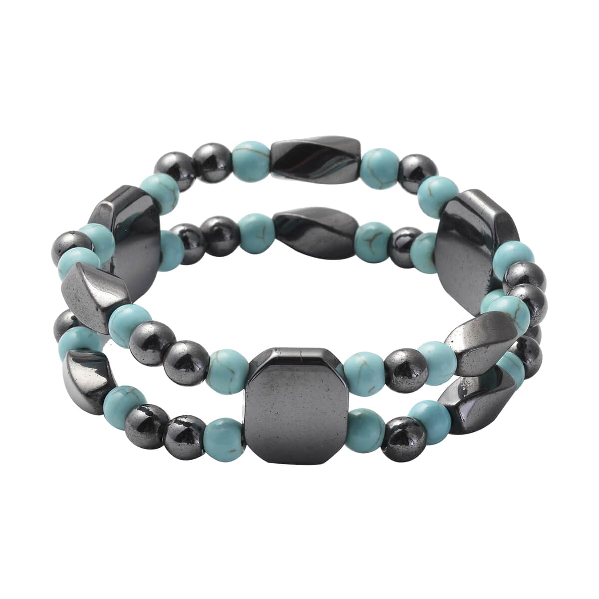 Magnetic By Design Blue Howlite Beaded and Magnetic Hematite Dual Row Stretchable Bracelet image number 0
