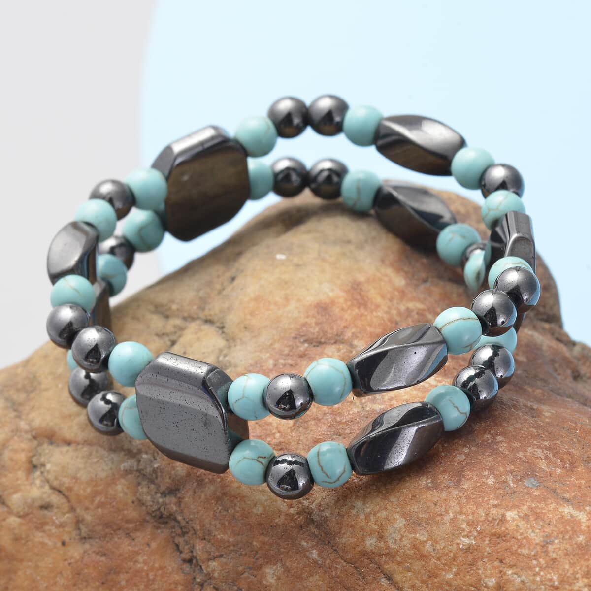 Magnetic By Design Blue Howlite Beaded and Magnetic Hematite Dual Row Stretchable Bracelet image number 1
