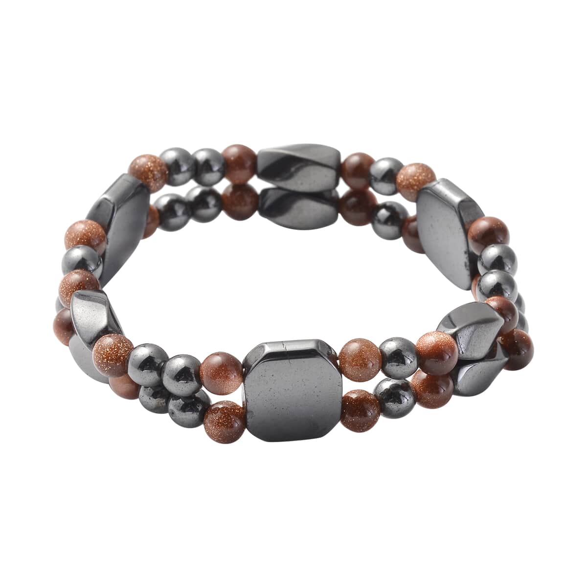 Magnetic By Design Gold Sandstone Beaded and Magnetic Hematite Dual Row Stretchable Bracelet image number 0