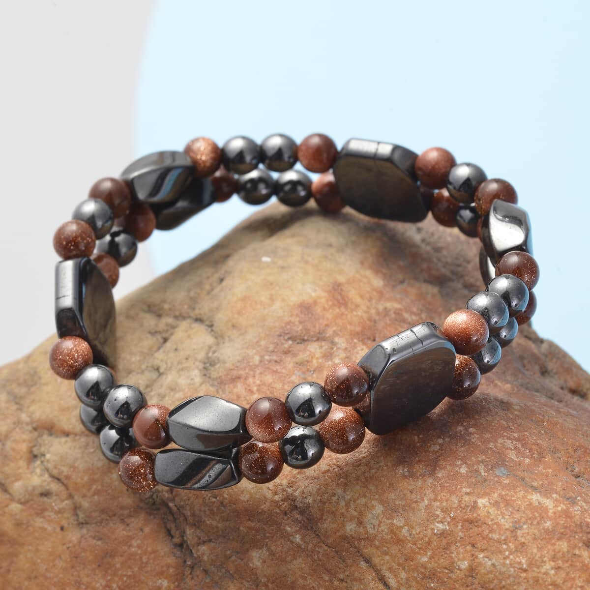 Magnetic By Design Gold Sandstone Beaded and Magnetic Hematite Dual Row Stretchable Bracelet image number 1