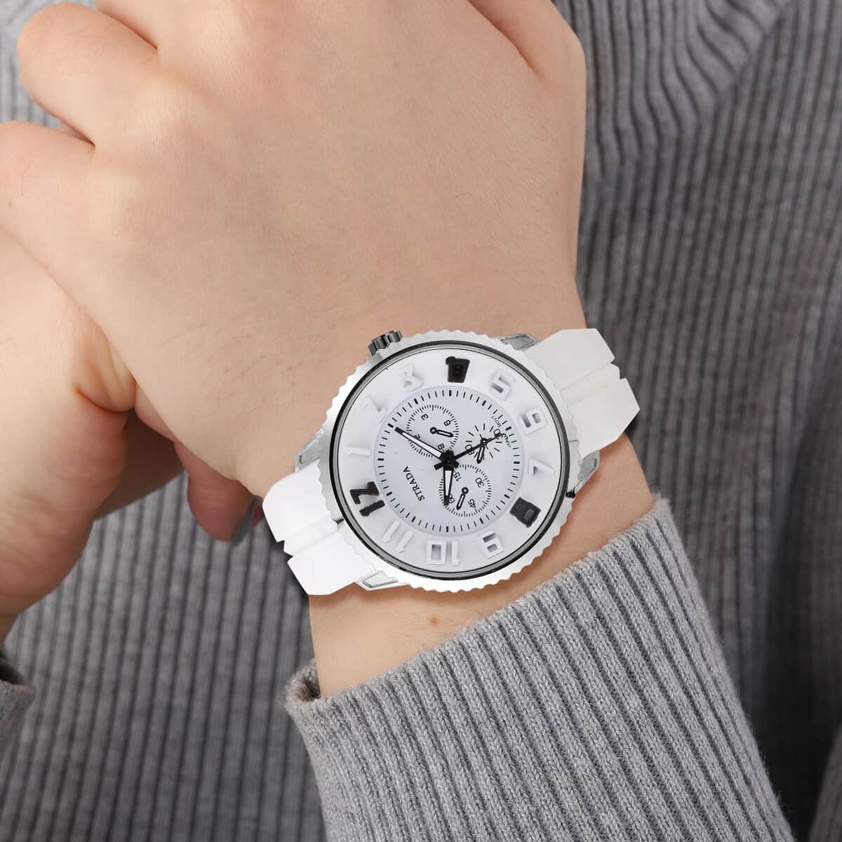 Strada Japanese Movement Sport Look Watch with White Silicone Strap (45mm) (7.50-9.50 Inches) image number 2