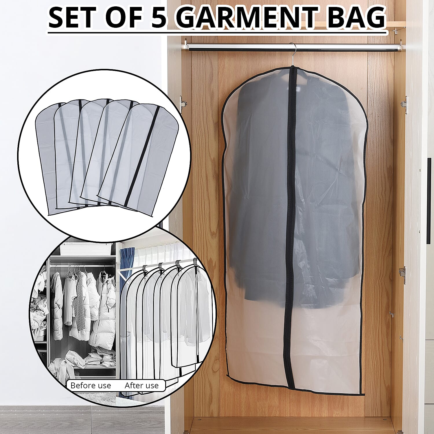 Set of 5 Dustproof Garment Bag with Zipper