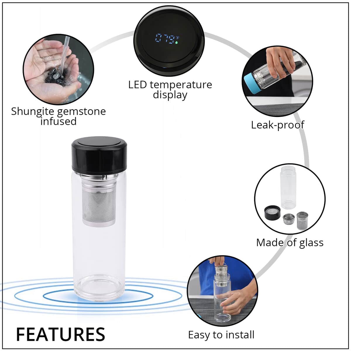 Elite Shungite Filter Infuser and Temperature Sensor Smart Water Bottle (LED Display, Long Filter) - Black image number 2