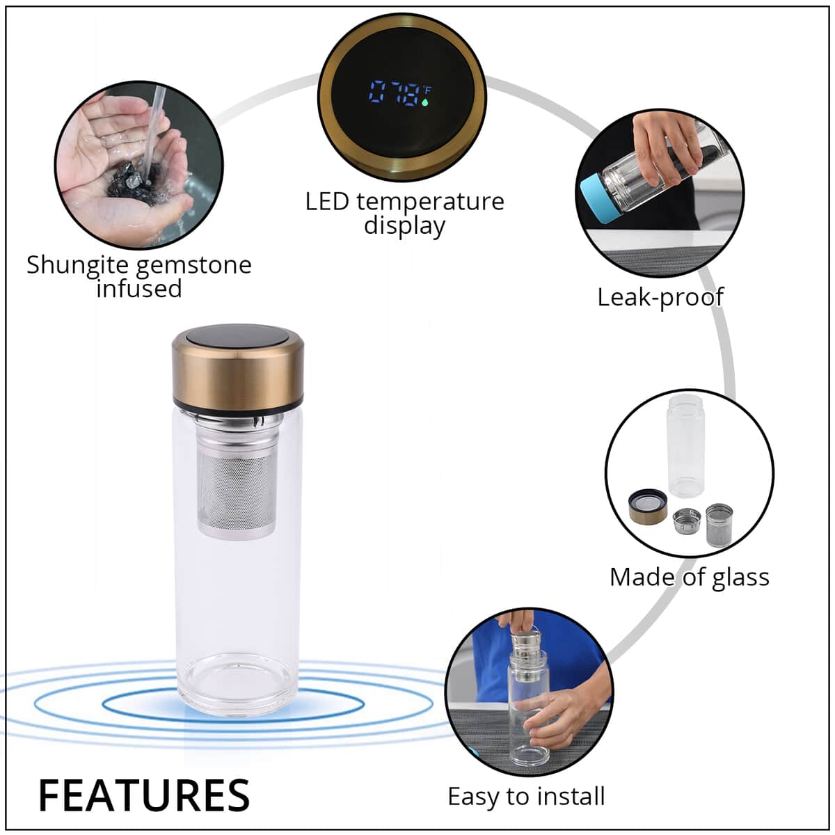 Elite Shungite Filter Infuser and Temperature Sensor Smart Water Bottle (LED Display, Long Filter) - Gold image number 2