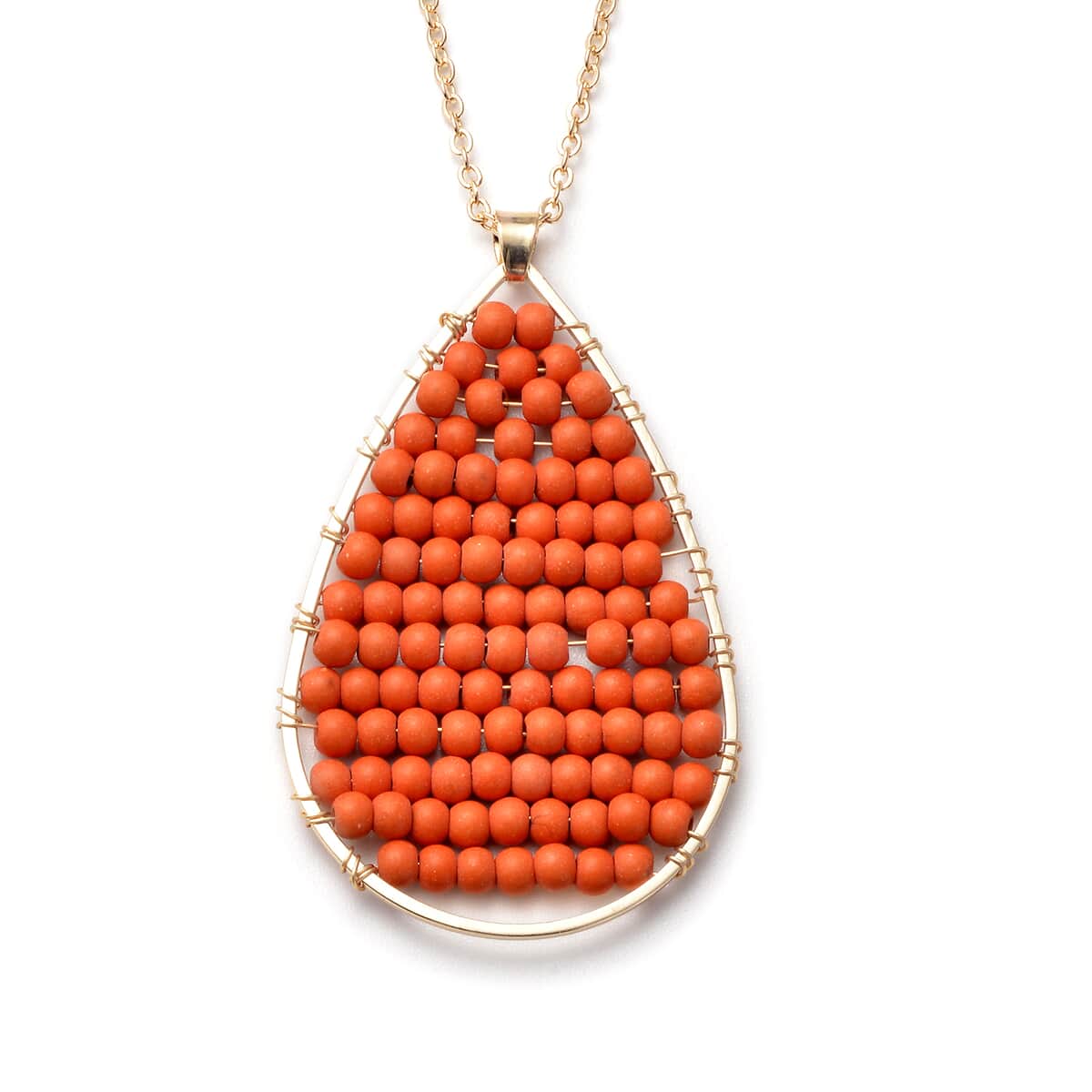 Orange Howlite Beaded Tear Drop Pendant Necklace 20 Inches in Goldtone 18.50 ctw image number 0