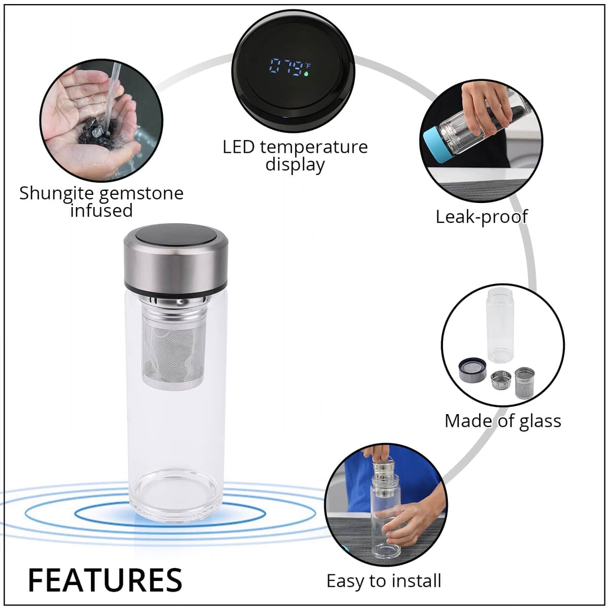 Elite Shungite Filter Infuser and Temperature Sensor Smart Water Bottle (LED Display, Long Filter) - Silver image number 2