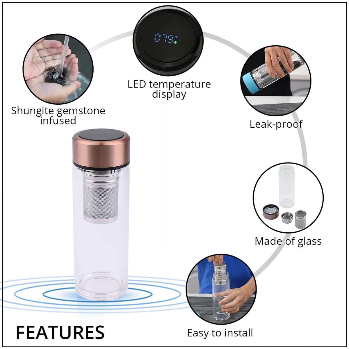 Elite Shungite Filter Infuser and Temperature Sensor Smart Water Bottle (LED Display, Long Filter) - Rose Gold image number 2