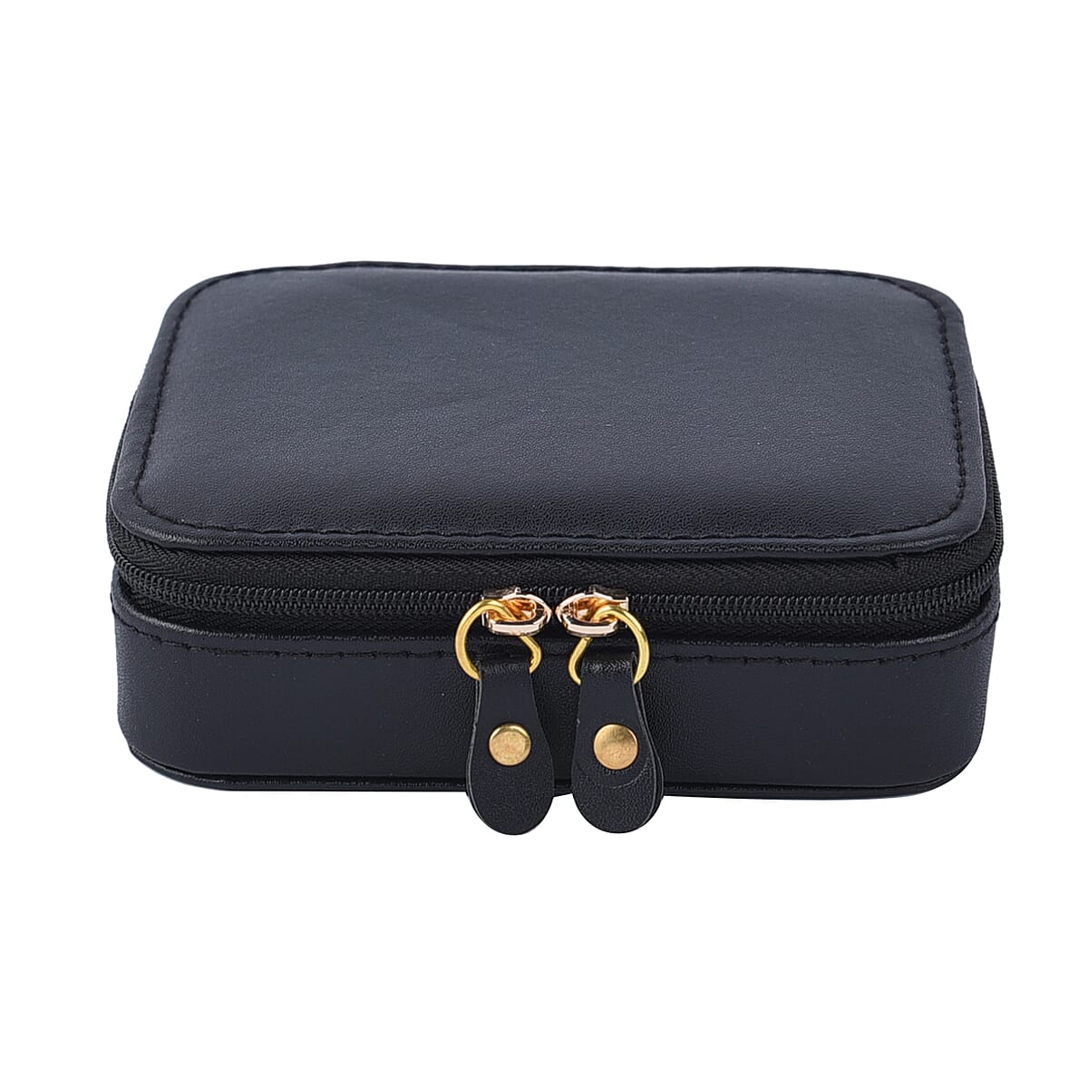 Black Faux Leather Small Jewelry Box with Anti- Tarnish Protection Lining & Double Zippers Closure (4 Necklace Hooks, 10 Earrings, Approx 6-8 Rings Slots) image number 1