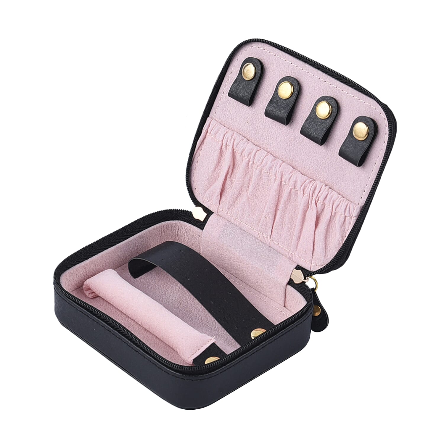 Black Faux Leather Small Jewelry Box with Anti- Tarnish Protection Lining & Double Zippers Closure (4 Necklace Hooks, 10 Earrings, Approx 6-8 Rings Slots)
