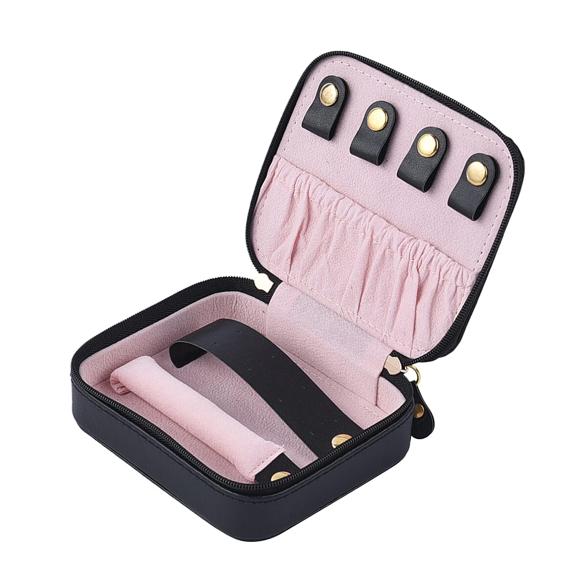 Black Faux Leather Small Jewelry Box with Anti- Tarnish Protection Lining & Double Zippers Closure (4 Necklace Hooks, 10 Earrings, Approx 6-8 Rings Slots) image number 4
