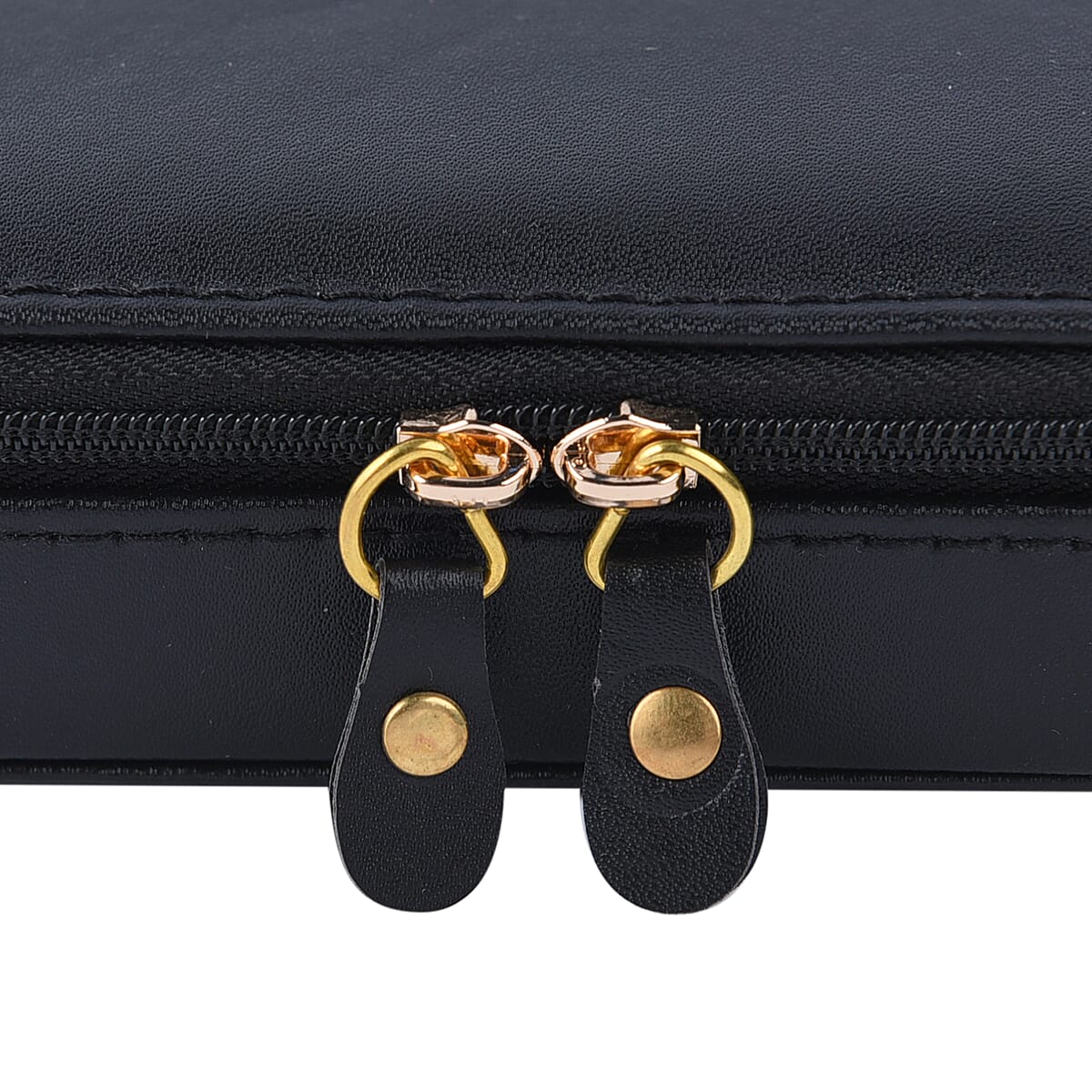 Black Faux Leather Small Jewelry Box with Anti- Tarnish Protection Lining & Double Zippers Closure (4 Necklace Hooks, 10 Earrings, Approx 6-8 Rings Slots) image number 5