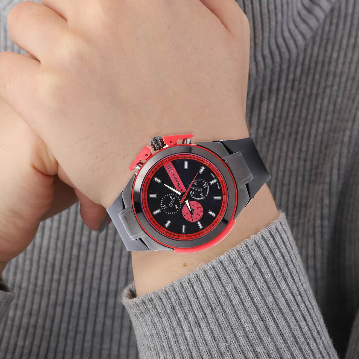 STRADA Japanese Movement Silicone Strap Watch in Red & Black image number 2