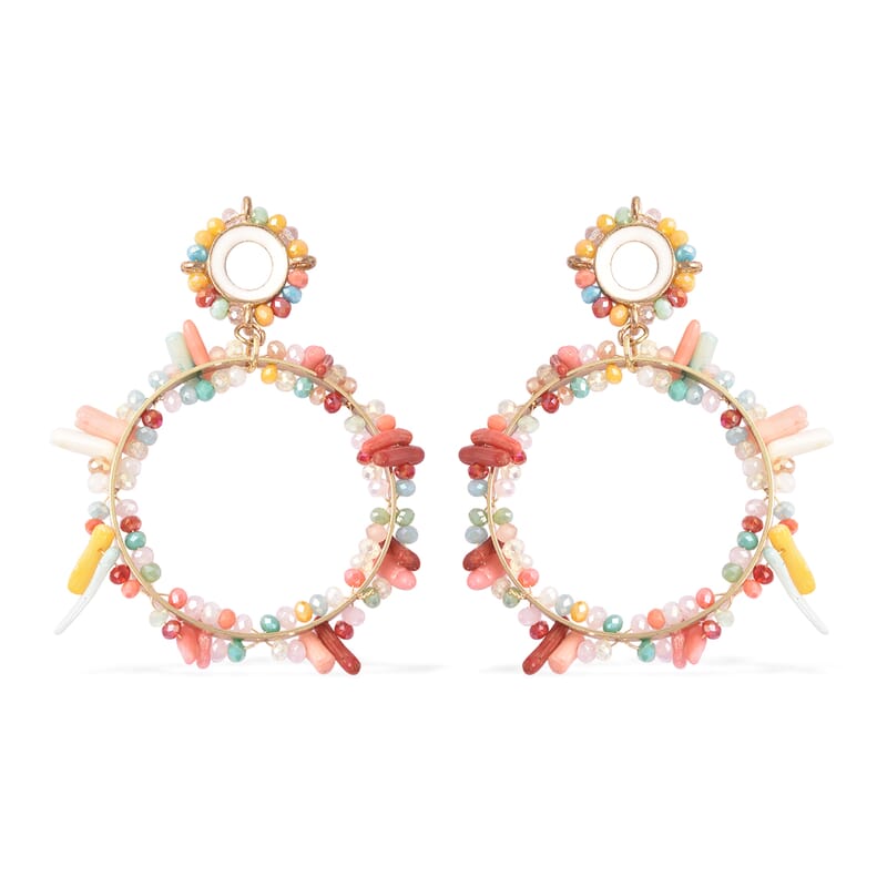Simulated Multi Gemstone and Multi Color Coral Hoop Earrings in Goldtone