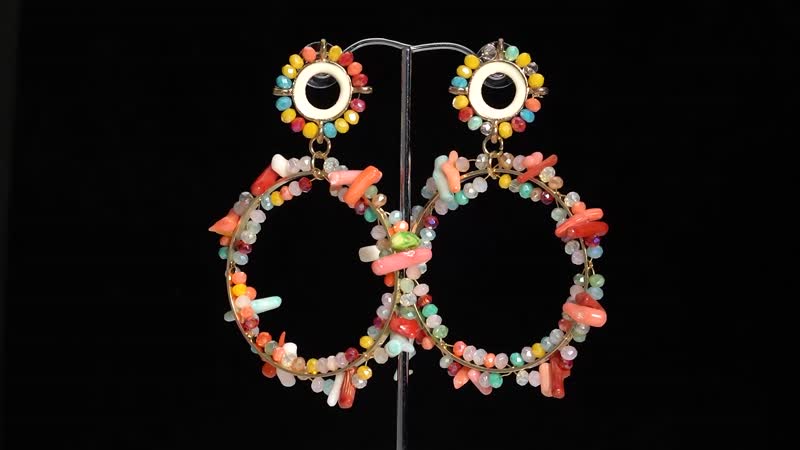 Simulated Multi Gemstone and Multi Color Coral Hoop Earrings in Goldtone