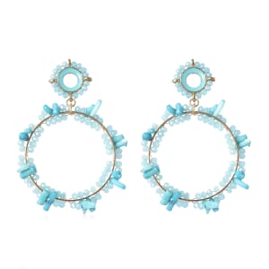 Simulated Blue Topaz and Blue Coral Hoop Earrings in Goldtone