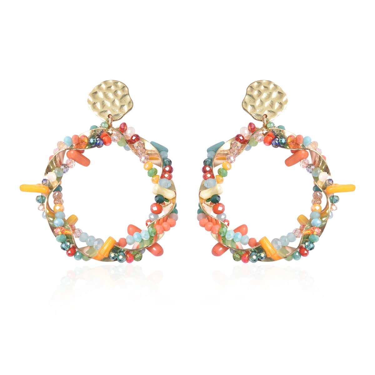 Simulated Multi Gemstone and Multi Color Coral Hoop Earrings in Goldtone image number 0