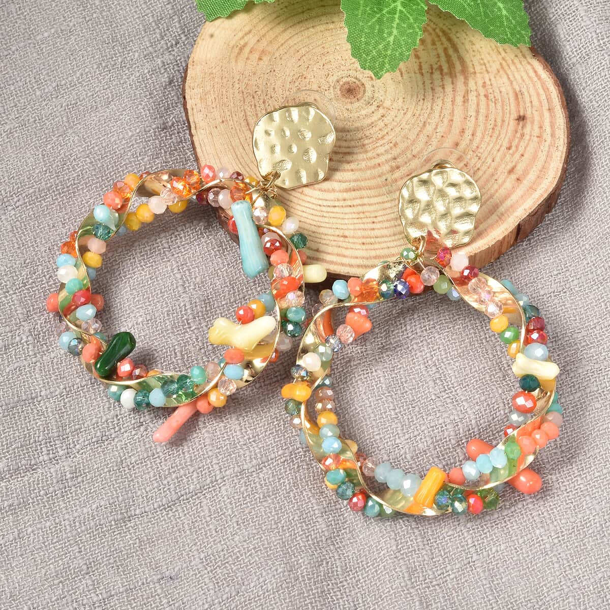 Simulated Multi Gemstone and Multi Color Coral Hoop Earrings in Goldtone image number 1
