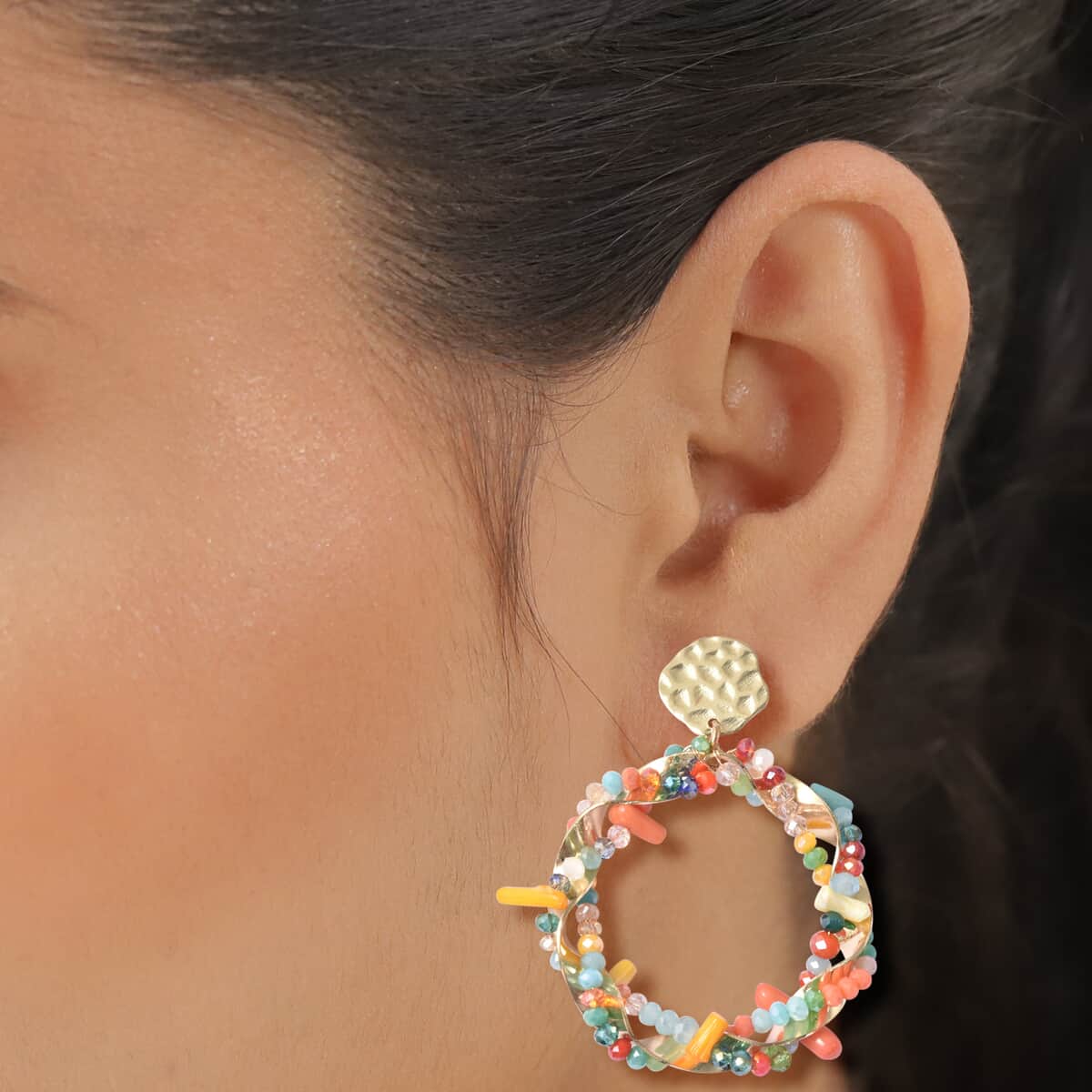 Simulated Multi Gemstone and Multi Color Coral Hoop Earrings in Goldtone image number 2