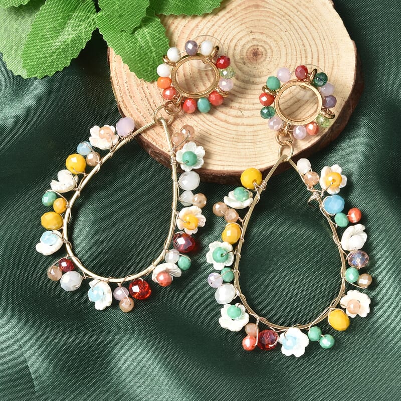 Simulated Multi Gemstone and Resin Drop Earrings in Goldtone