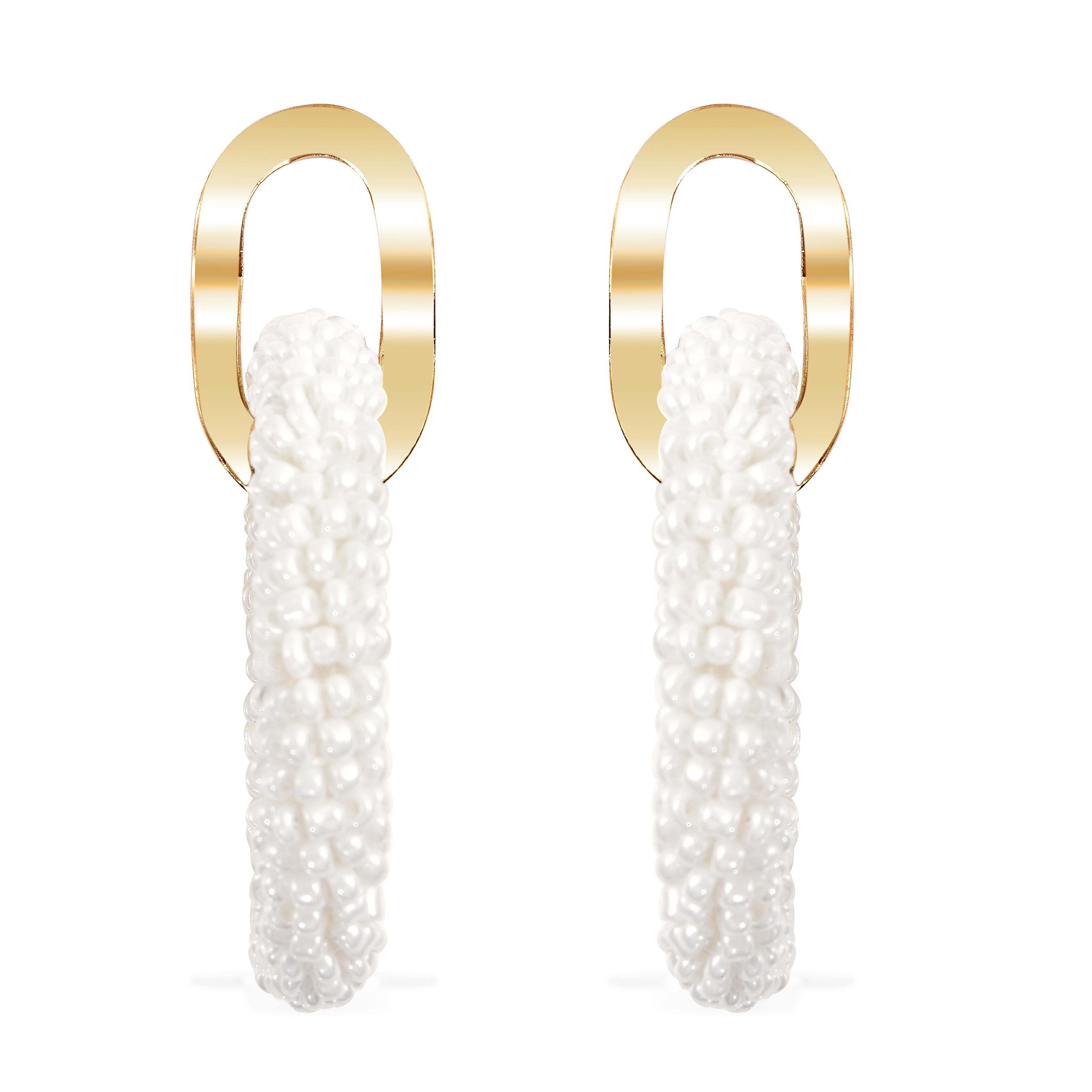 White Seed Beads Hoop Earrings in Goldtone
