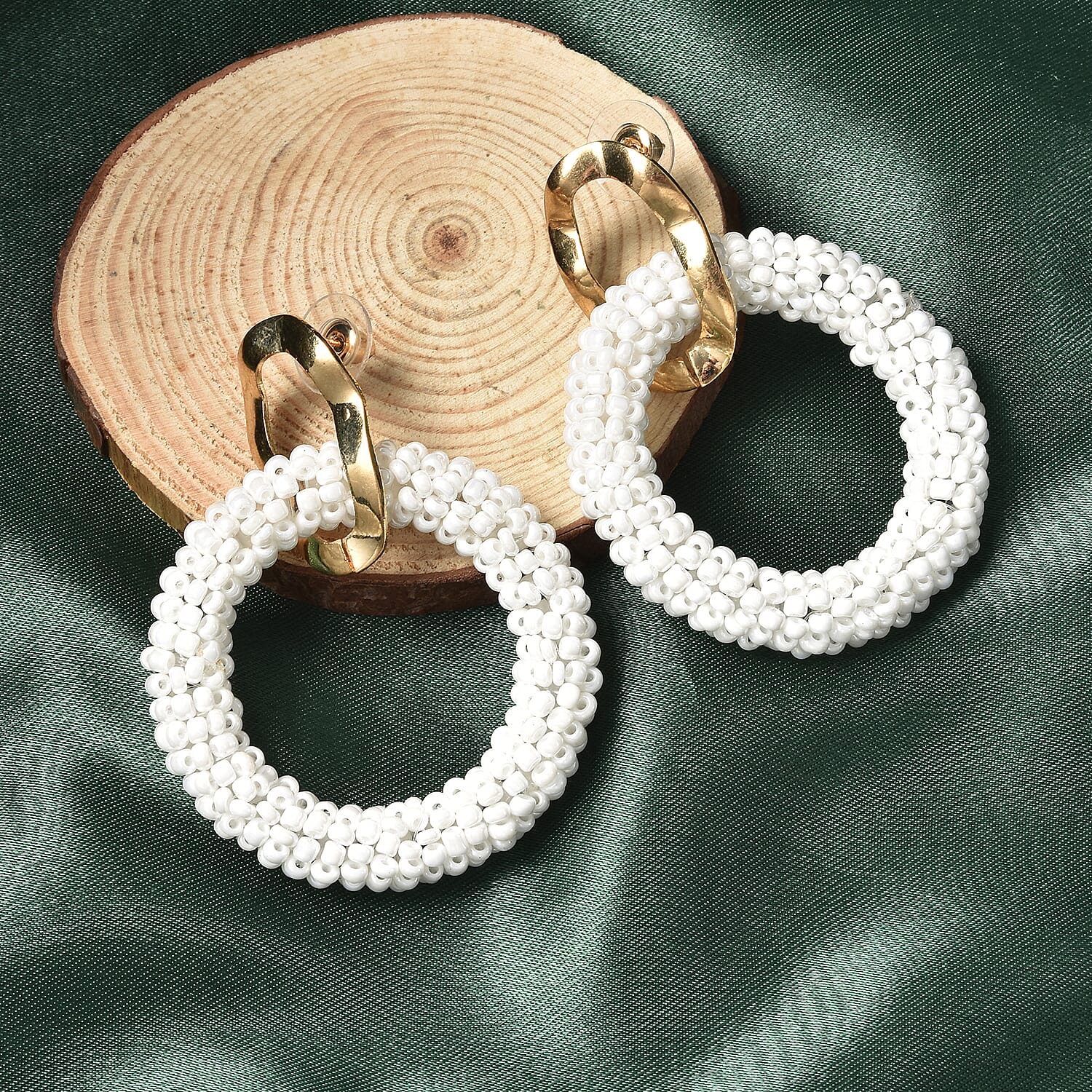 White Seed Beads Hoop Earrings in Goldtone