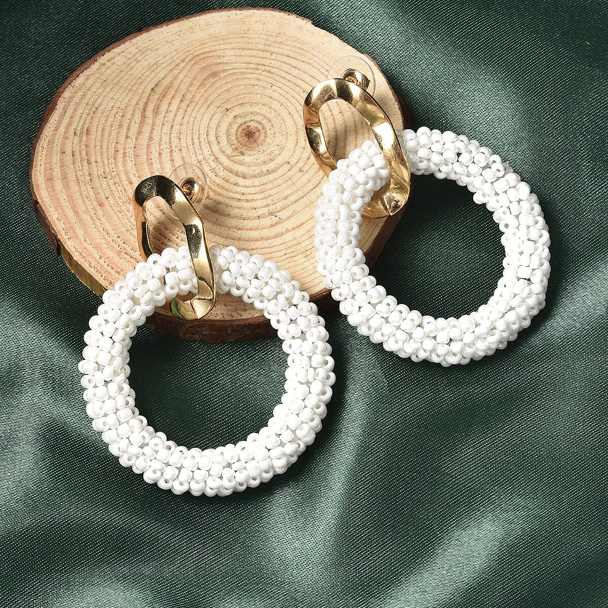 White Seed Beads Hoop Earrings in Goldtone image number 1