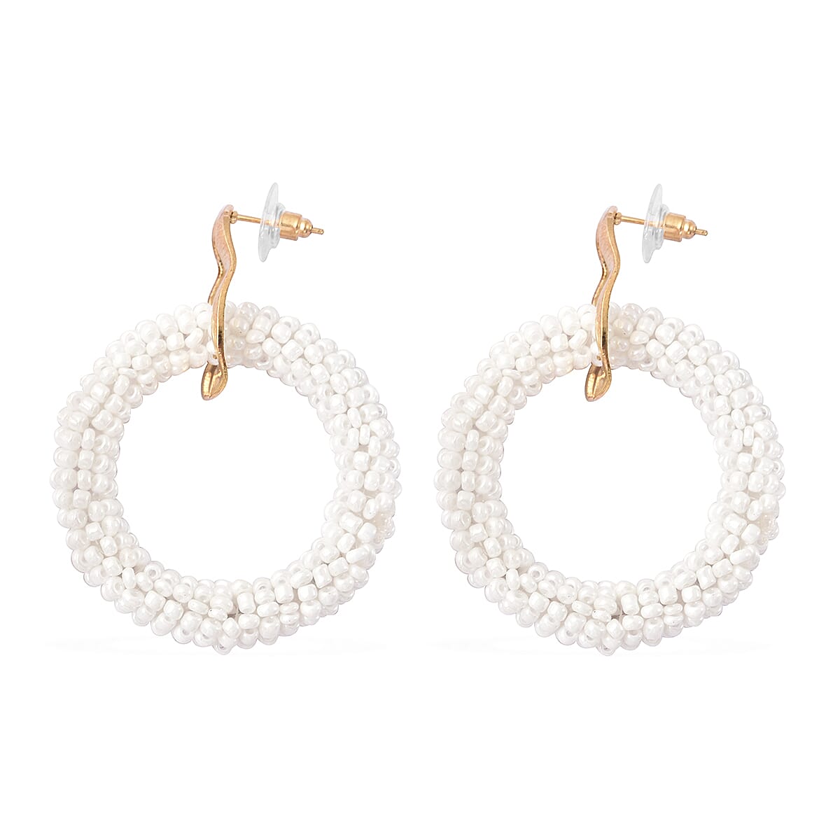 White Seed Beads Hoop Earrings in Goldtone