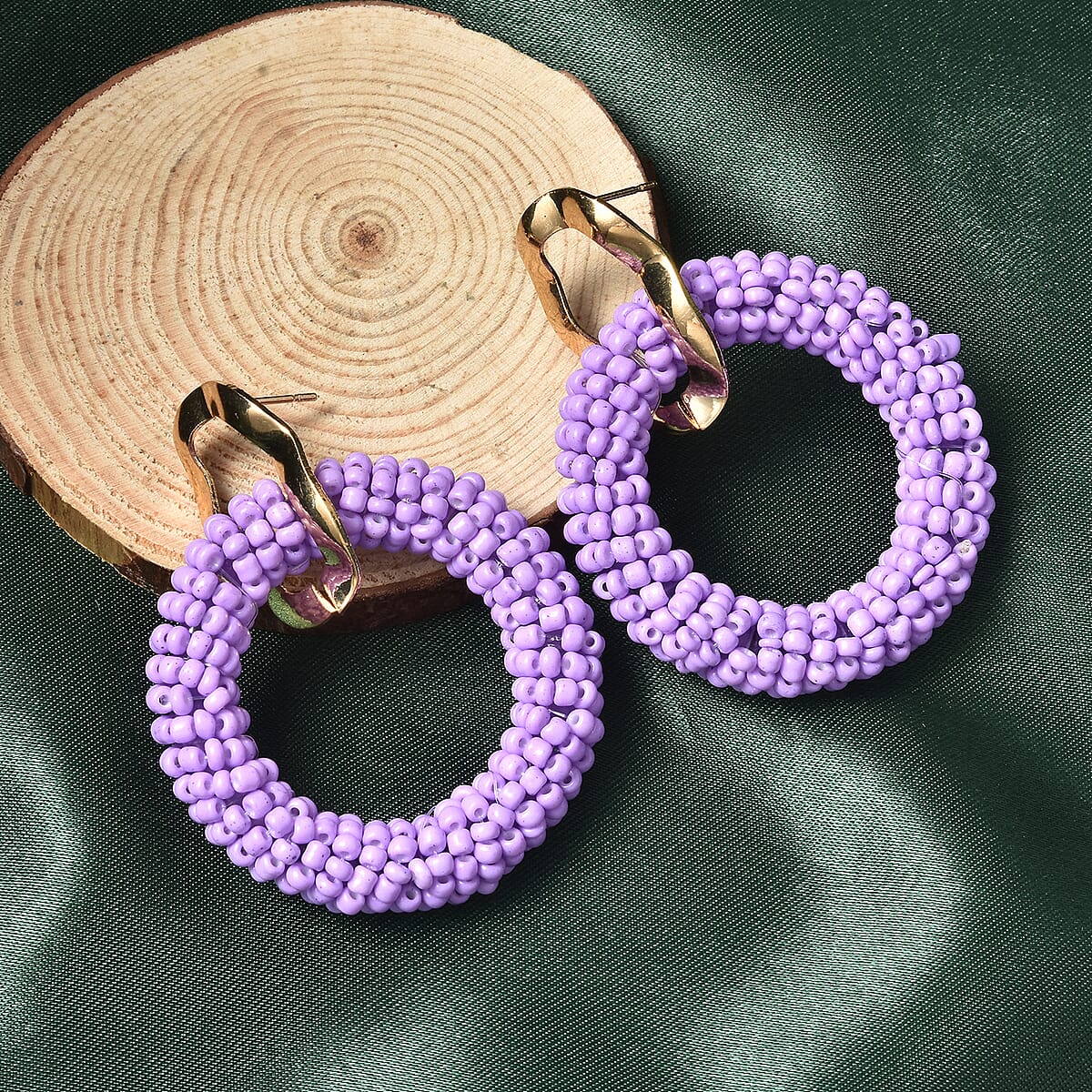 Purple Seed Beaded Hoop Earrings in Goldtone image number 1