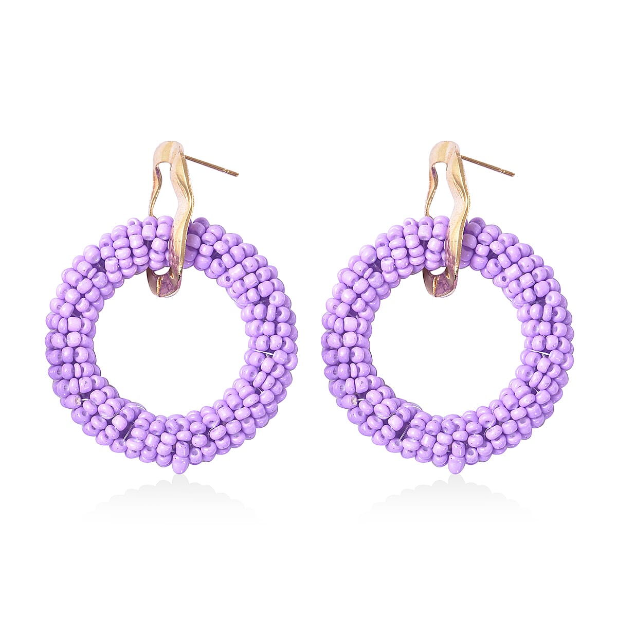 Purple Seed Beaded Hoop Earrings in Goldtone image number 3