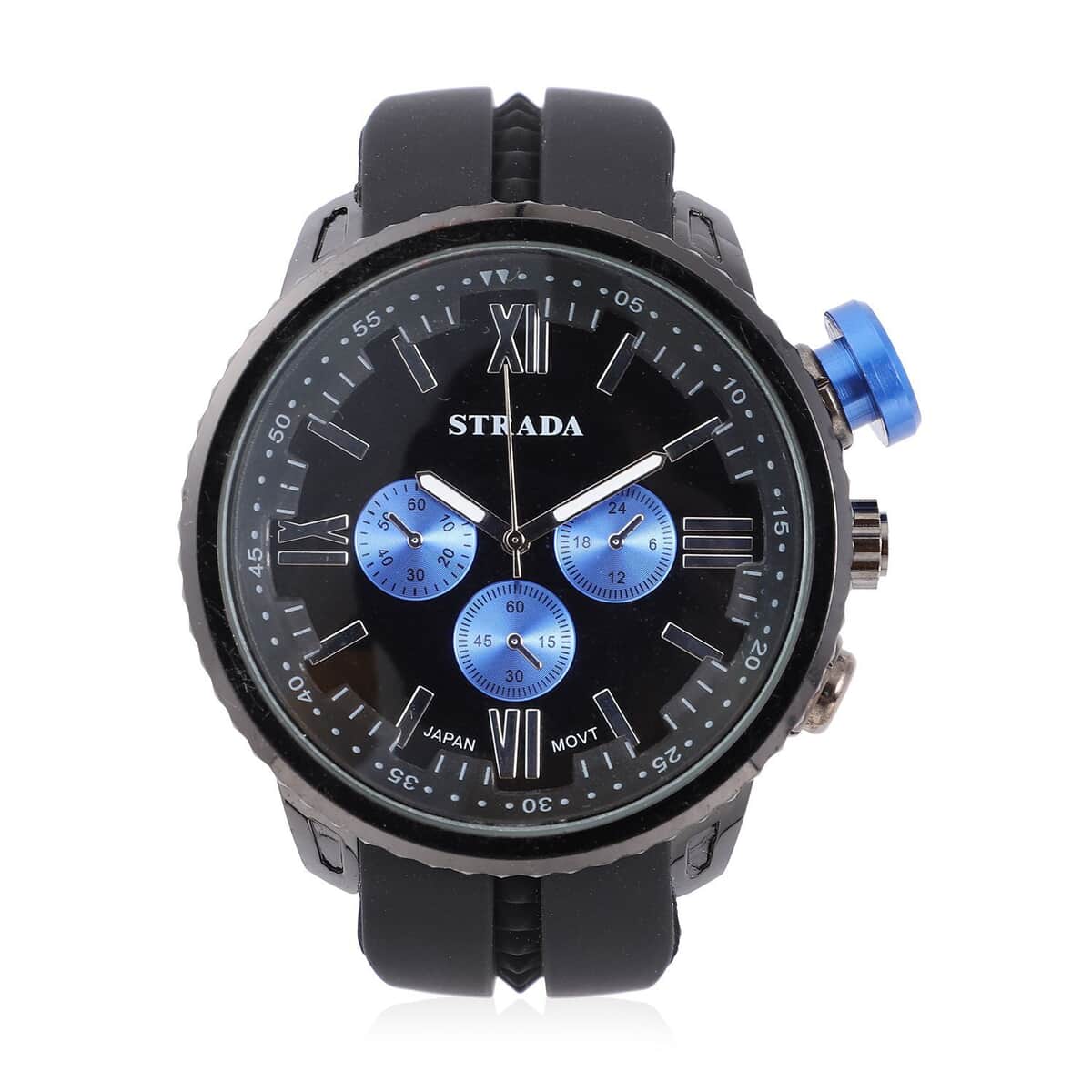 Strada Japanese Movement Blue false Button Dial Watch in Black Silicone Strap (25.90 mm) (6-7.5 Inches) image number 0
