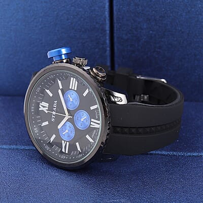 Strada Japanese Movement Blue false Button Dial Watch in Black Silicone Strap (25.90 mm) (6-7.5 Inches)