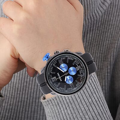 Strada Japanese Movement Blue false Button Dial Watch in Black Silicone Strap (25.90 mm) (6-7.5 Inches)